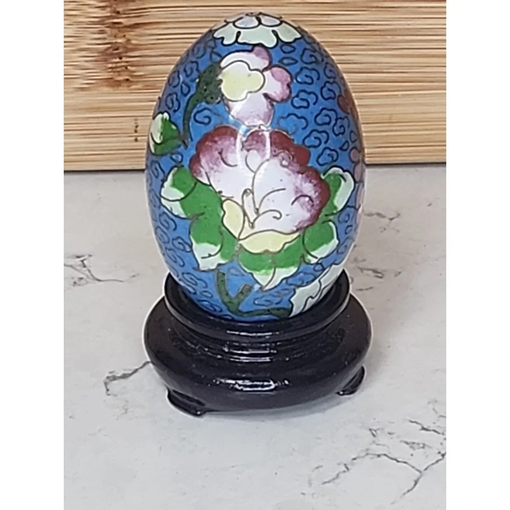 Cloisonné Art Egg Sculpture w Wood Stand Blue Pink Green Gold Floral Design EUC